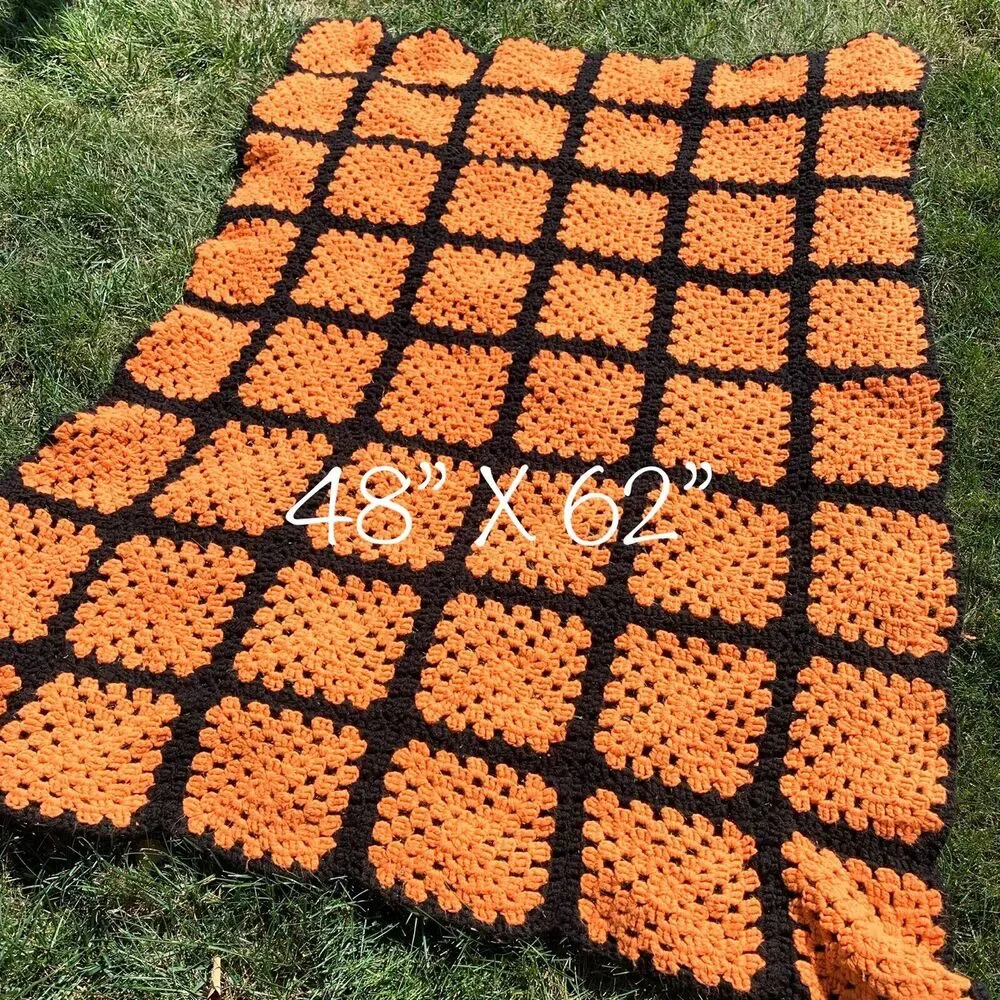 Vintage-Style Granny Square Afghan Blanket Knit Throw Orange Black Fall 48